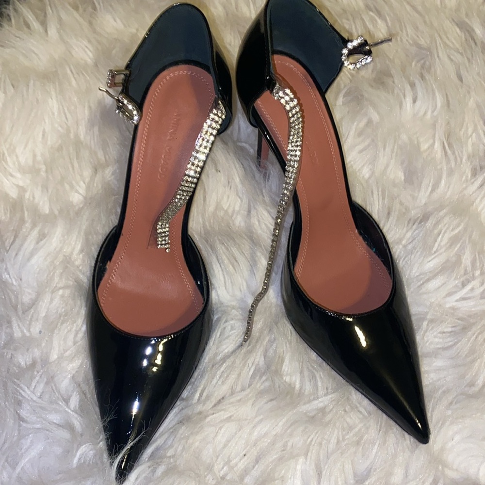 Amina Muaddi Ursina Black Patent Leather Crystal Heeled Shoes DAMAGED - Picture 9 of 10